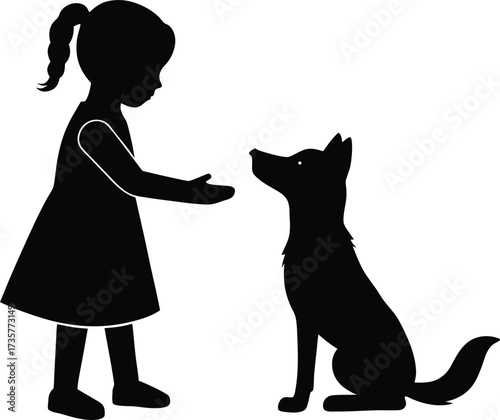 Black silhouette of a girl offering treat to a sitting dog on white background child animal vector illustration EPS file download.
