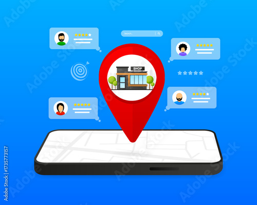 Marketing Research. Rating site, online shopping and user feedback. Product review. Concept for online reviews, store evaluation, business ratings, and map based shop listings. Vector illustration.