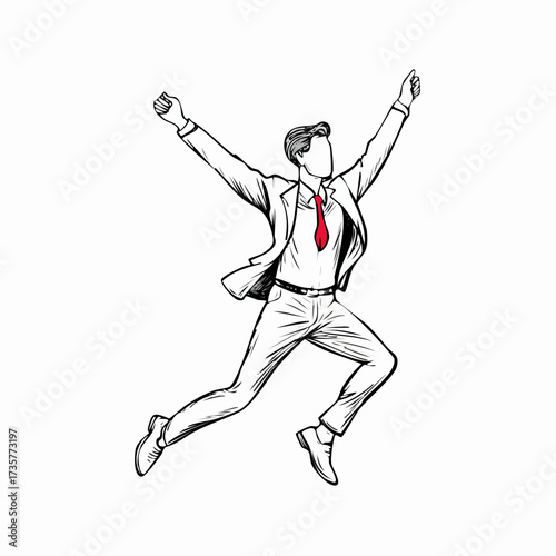 Excited businessman celebrating success with arms raised high.