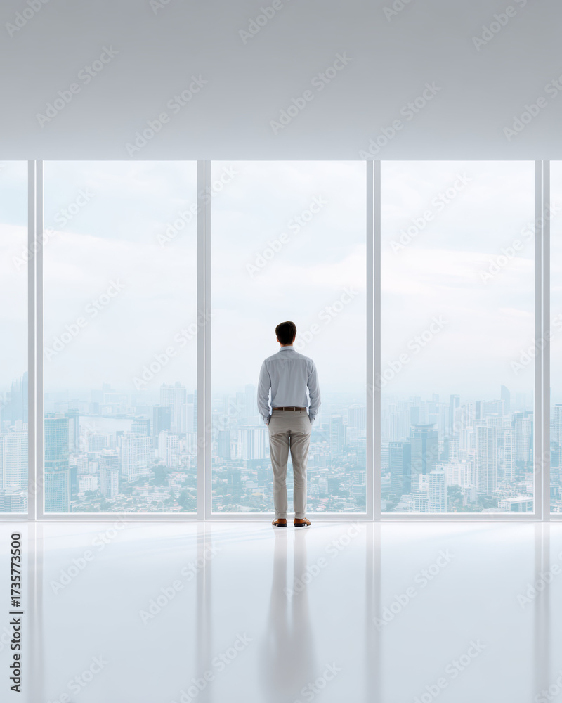 Fototapeta premium Thoughtful businessman looking out large office window at cityscape. pensive vision of future, success, and ambition in modern corporate setting