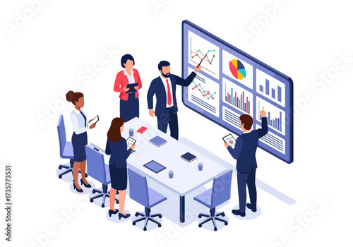 3D isometric illustration of business professionals in a boardroom meeting analyzing growth charts and financial reports, highlighting teamwork, strategy, and corporate decision-making