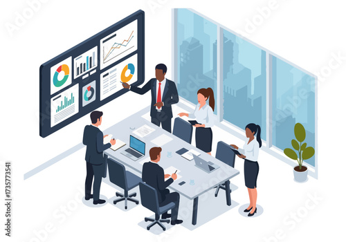 3D isometric illustration of business professionals in a boardroom meeting analyzing growth charts and financial reports, highlighting teamwork, strategy, and corporate decision-making