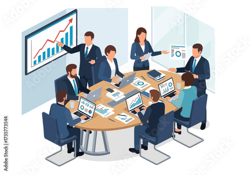 3D isometric illustration of business professionals in a boardroom meeting analyzing growth charts and financial reports, highlighting teamwork, strategy, and corporate decision-making
