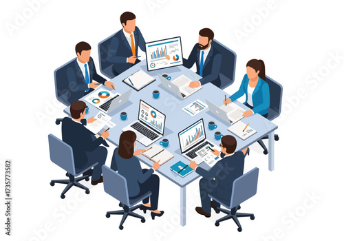 3D isometric illustration of business professionals in a boardroom meeting analyzing growth charts and financial reports, highlighting teamwork, strategy, and corporate decision-making