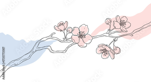 A delicate cherry blossom branch with soft pastel brushstrokes suggesting a gentle breeze. Blooming flowers add a touch of ephemeral beauty to this minimalist artwork.