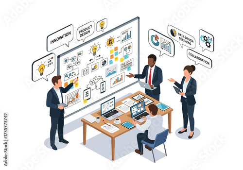 3D isometric illustration of business team brainstorming ideas with charts, diagrams, and innovation concepts on a whiteboard, highlighting creativity, teamwork, and strategic planning the workplace