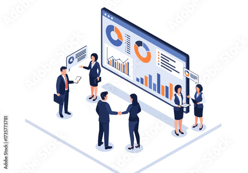 3D isometric illustration of business professionals discussing charts and reports, shaking hands, and collaborating in an office environment, symbolizing teamwork, partnership, and financial growth