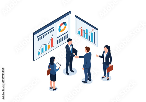 3D isometric illustration of business professionals discussing charts and reports, shaking hands, and collaborating in an office environment, symbolizing teamwork, partnership, and financial growth