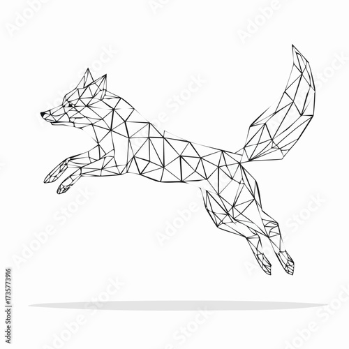 Geometric fox illustration jumping with polygonal lines on white background.