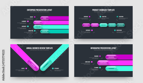 Enterprise Portfolio 4 5 2 3 Step Diagram Presentation Design Set. Company Strategy Four Five Two Three Element Infographic Frame Layout Vector Illustration Collection.