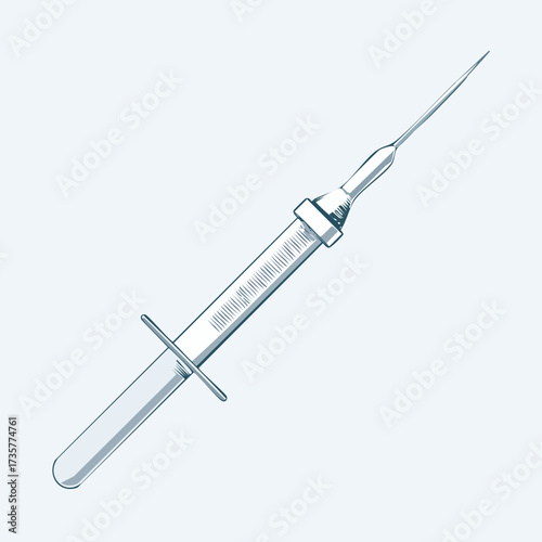 Medical syringe illustration, drawing of injection needle, healthcare concept.
