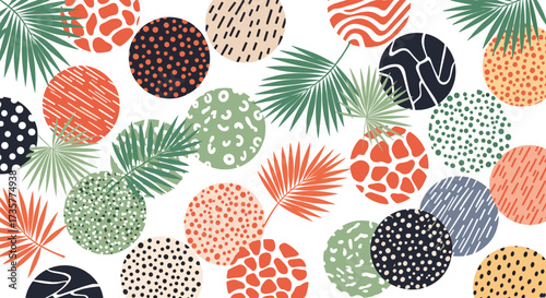 A vibrant abstract pattern featuring scattered organic circles and tropical palm leaves.
