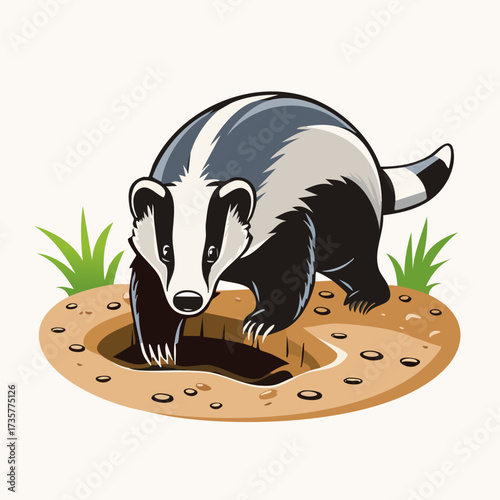 Badger emerging from its burrow in the ground.