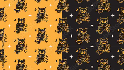 owl on branch with moon and light doodle seamless pattern on yellow black background set for halloween packaging. nocturnal bird and star cartoon isolated motif pattern background. vector illustration