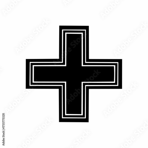 Black cross symbol on white background, simple design.