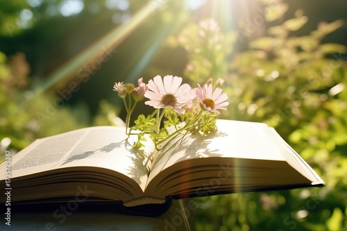 Open book rests outside, blossoms inserted, glowing light filtering down