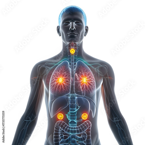 Glandular and Pulmonary Activity 3D Visualization of Core Internal Systems Focus on Vitality High-Resolution Medical Scan Highlighting Thoracic and Abdominal Organs