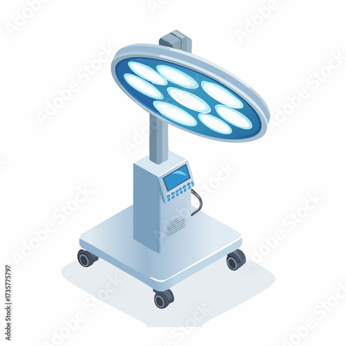 Medical surgical lamp on wheels, providing bright illumination for procedures.