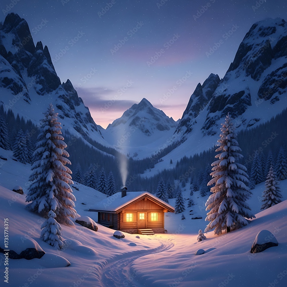 Fototapeta premium Snowy Mountain Cabin at Dawn.