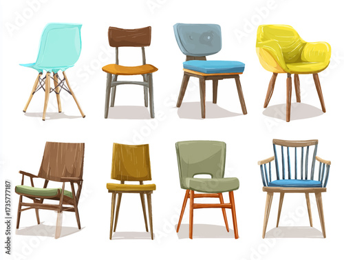 Cartoon illustration of a colorful collection of modern chairs with different styles, colors, and materials. Stylish and comfortable set featuring wooden legs, fabric upholstery