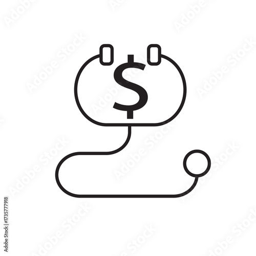 Line icon of a stethoscope with a dollar sign, symbolizing medical finance. Ideal for illustrating healthcare costs, medical investments, health insurance, and economic wellness in websites and apps.