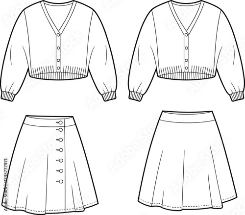 Vector fashion flat sketch of women’s cardigan and skirt set, button front cropped sweater with A-line skirt technical drawing