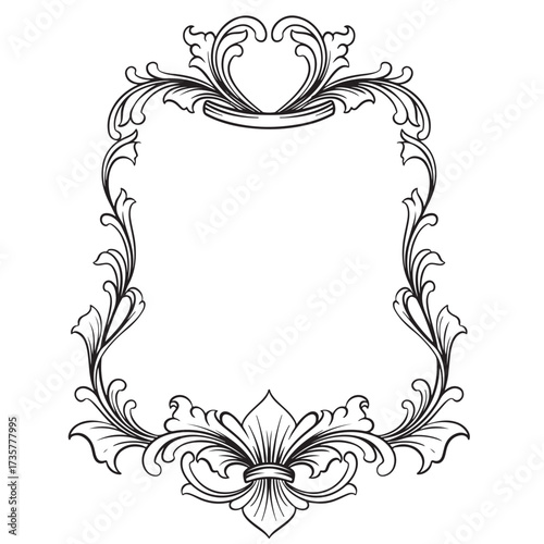 black and white vintage baroque frame with ornament engraving illustration