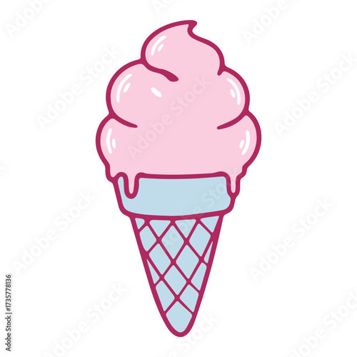 Illustration of a pink ice cream cone with a blue cone and a waffle pattern on a white background
