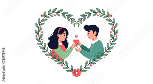 A loving couple shares a heartfelt moment surrounded by a floral heart.