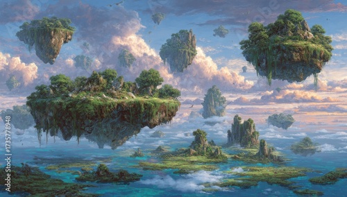 Wallpaper Mural Fantasy landscape with floating islands and lush greenery above a serene ocean. Torontodigital.ca