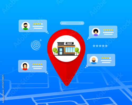Marketing Research. Rating site, online shopping and user feedback. Product review. Concept for online reviews, store evaluation, business ratings, and map based shop listings. Vector illustration.