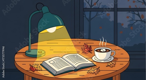 Cozy autumn evening with an open book, steaming coffee, and fall leaves on wooden table beside window for relaxing concept illustration