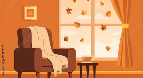 Cozy living room with armchair and autumn view from window. Seasonal home interior. Warm fall decor and comfortable atmosphere illustration