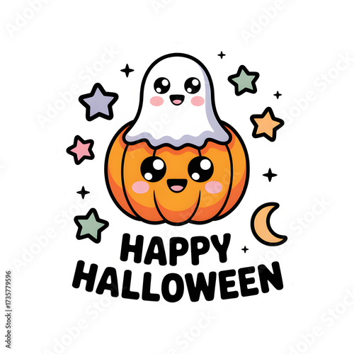 Cute kawaii pumpkin ghost character with stars and moon happy halloween text isolated on transparent background