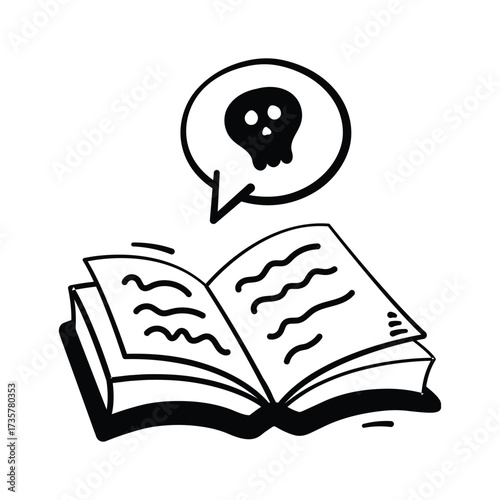 Haunted magic spell book doodle icon for witchcraft and Halloween