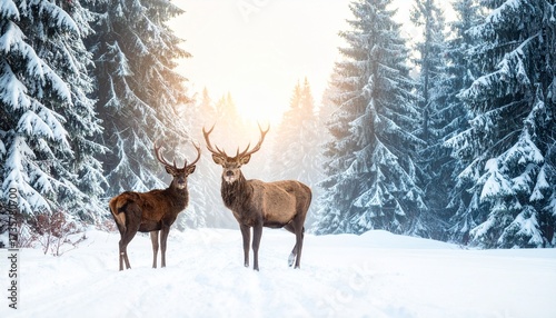Majestic deer in a snowy forest, creating a winter wonderland scene with impressive antlers