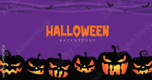Halloween background with glowing jack-o’-lanterns and flying bats on a spooky purple night sky.