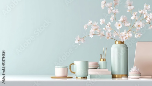 A delicate arrangement of pastel-toned objects, featuring a light teal vase with delicate cherry blossoms, sits on a white surface against a soft mint-blue backdrop.