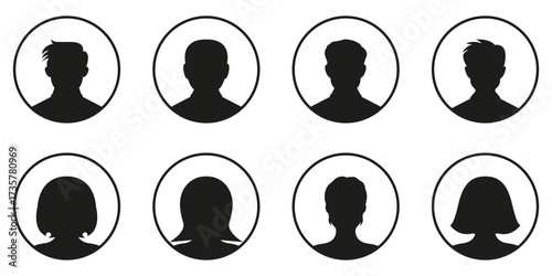 Anonymous Male and Female Profile Placeholders in Round Frames Solid Icon Set. Default User Avatars for Social Interface and Login Identity Silhouette Symbol Collection. Isolated Vector Illustration