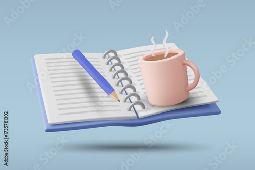 3D vector illustration render of open notebook with pen and hot coffee cup. Concept of writing, note-taking, inspiration. For education, creative media, learner, working.