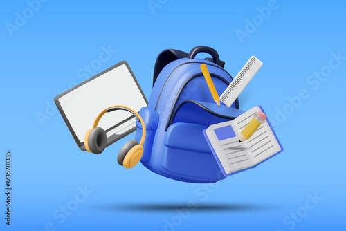 3D vector illustration of an education-themed backpack with laptop, books, and headphones, representing both classroom and online learning, carrying knowledge and learning materials.