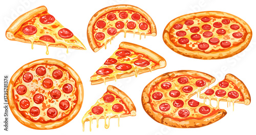 ペパロニピザのイラストセット,とろけるチーズ,ホールとスライス,水彩風