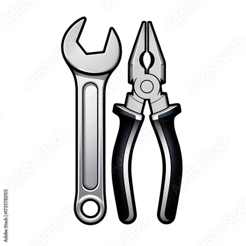 A shiny metal combination wrench and a pair of pliers isolated on transparent background