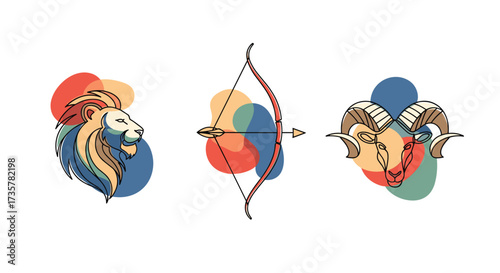 Astrological signs of Leo Sagittarius and Aries with abstract colorful circles.