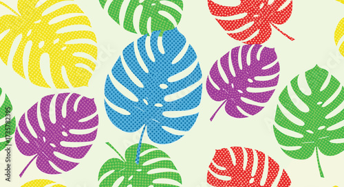 A vibrant pattern of colorful monstera leaves scattered across a light background.