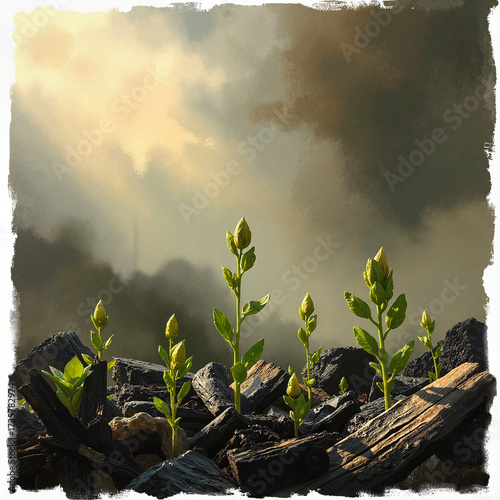 Green sprouts growing in ashes against dark clouds, symbolizing hope and renewal.