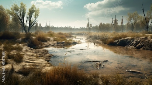 Serene, Misty Morning Landscape Featuring a Shallow, Winding Stream Through Dry Grasslands