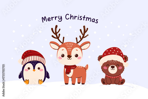 Christmas card with cute winter animals in knitted scarves and hats. Holiday mascot, deer with bear and penguin, hand drawn in childish style.