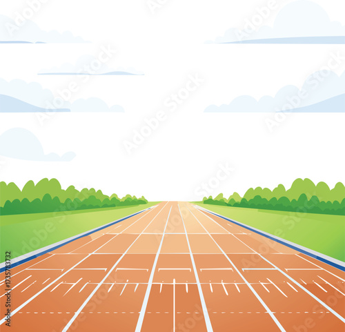 Illustration of an empty running track, ideal for sports, competitions, and fitness activities, under a clear sky