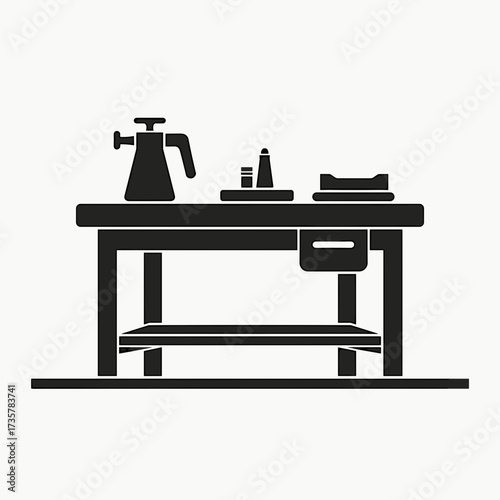 Construction work depicted with a dark silhouette of a workbench and tools on a flat surface. Construction work requires many necessary instruments, including a kettle, spices, and a box.